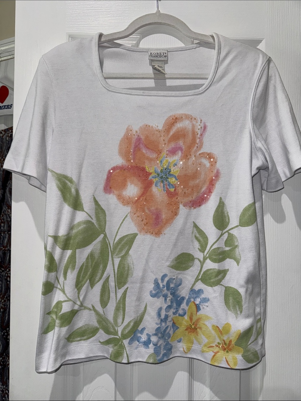 Koret White Scoop Neck Tee with Orange, Yellow & Blue Floral Print